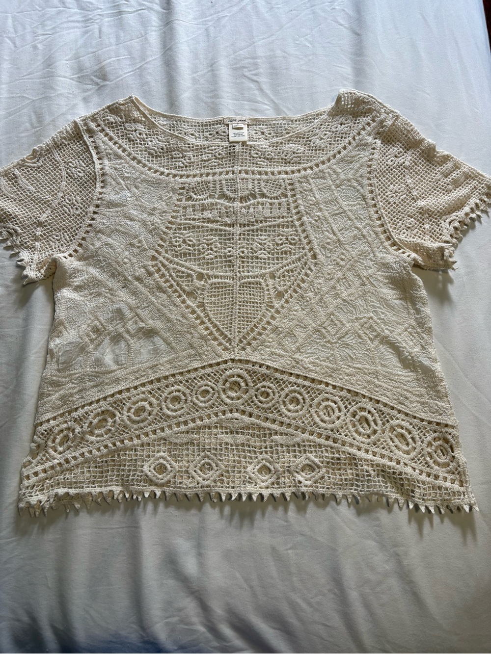 Women's Cream Crochet Lace Short Sleeve Top Ultra Pink 100 cotton